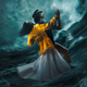 A man and a woman in a yellow sweater dance into a wave on the surreal poster for Annette.